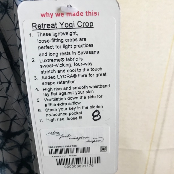 NWT CASUAL LULULEMON RETREAT YOGI CROP - - Size 8 - Picture 4 of 6
